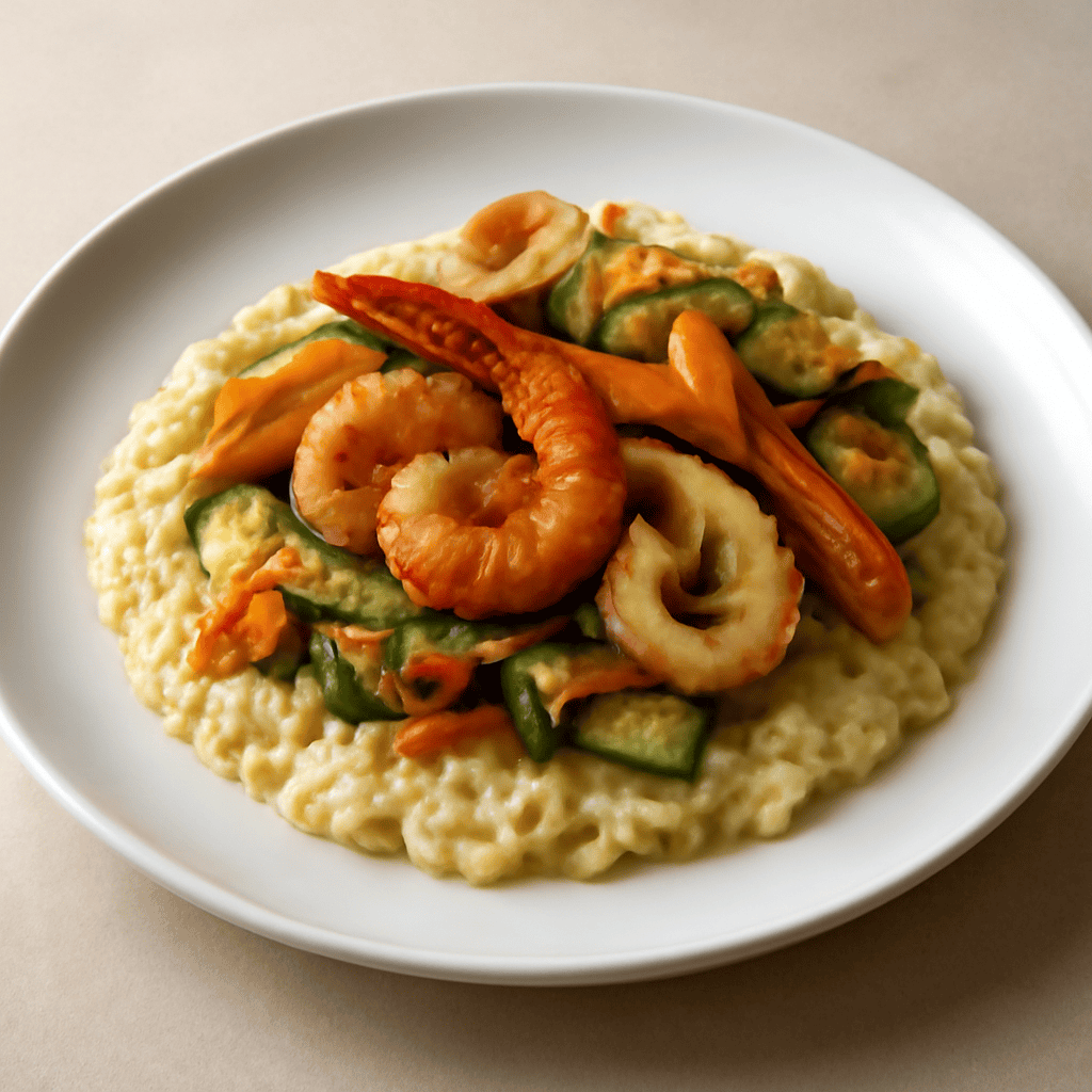 Pescetti con fritto di verdura su risotto al limone