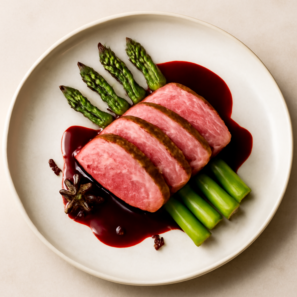 Petto d’anatra con riduzione di vino rosso su letto di asparagi