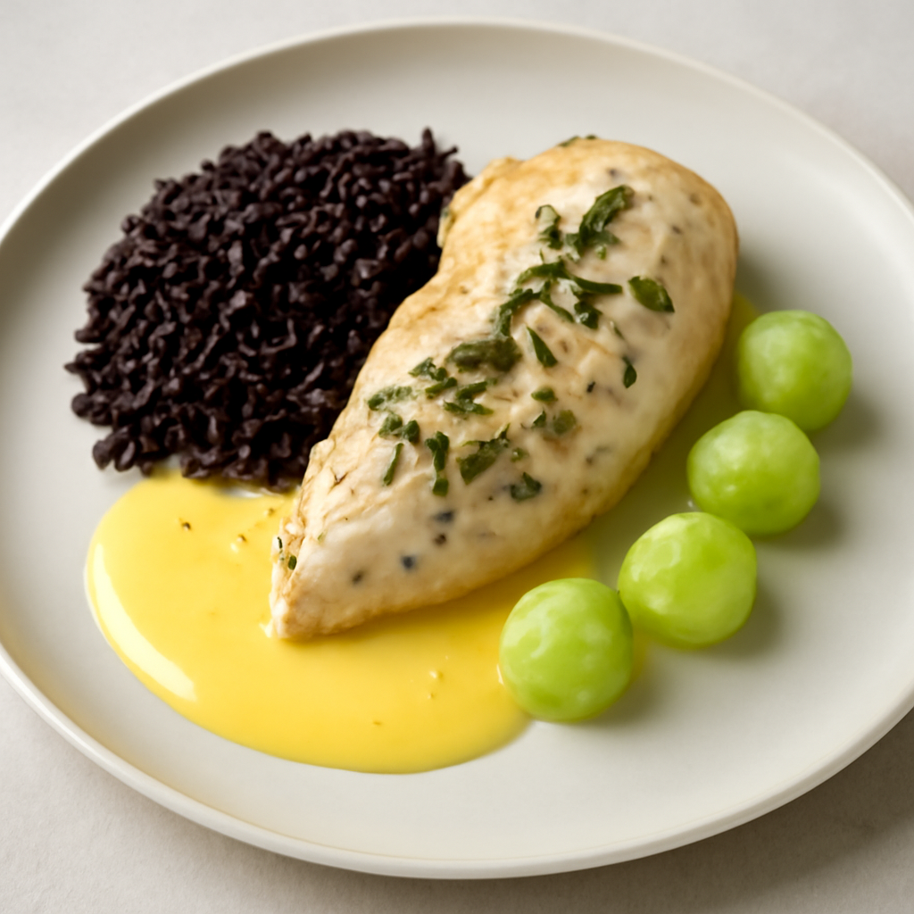 Petto di pollo aromatico al vapore su salsa olandese con riso e bon bon di sedano