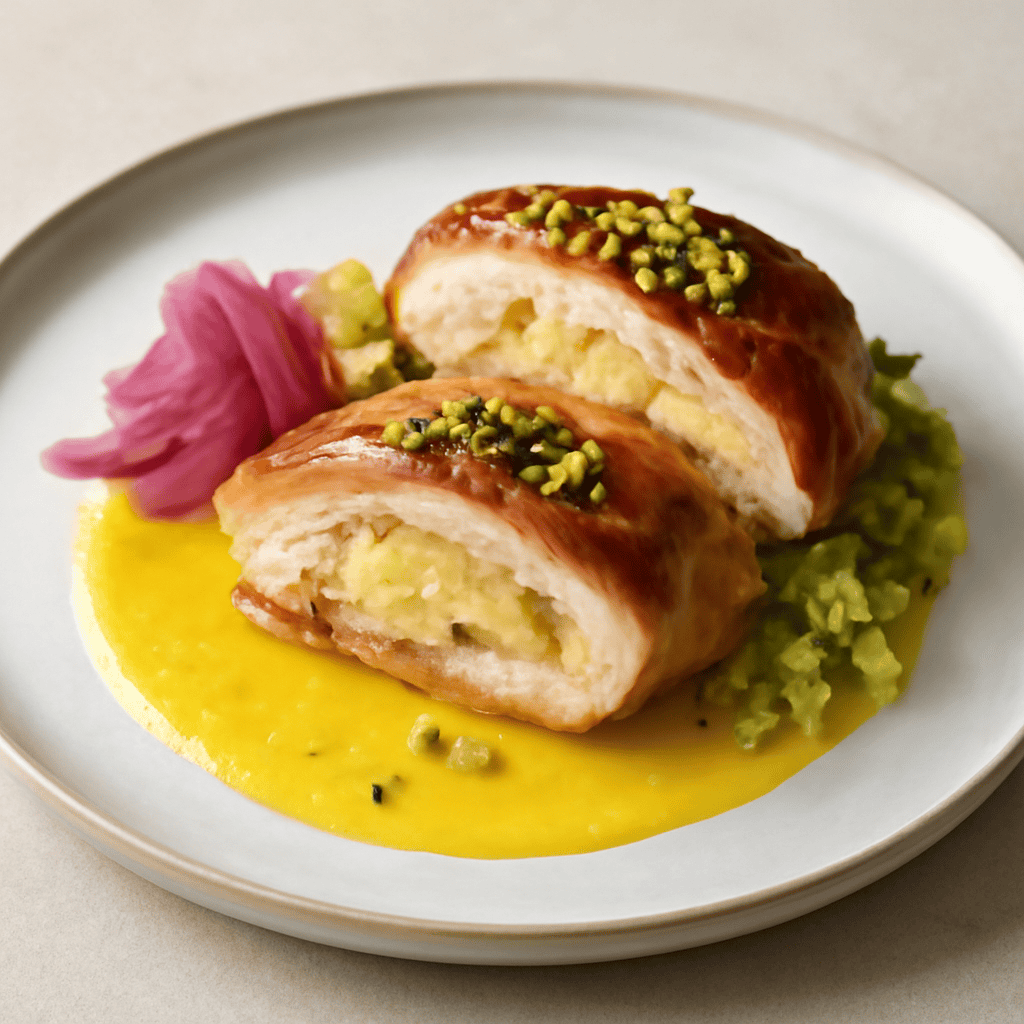 Petto di pollo con speck ripieno di patate con granella di pistacchi, petali di cipolle rosse in agrodolce su salsa di ananas