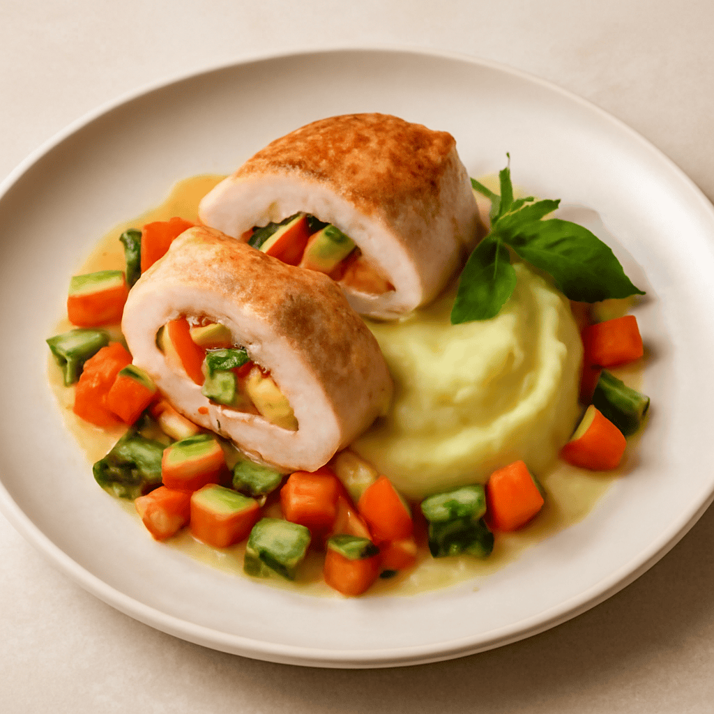 PETTO DI POLLO FARCITO CON CREMA ALLE PATATE E OLIO DI COCCO