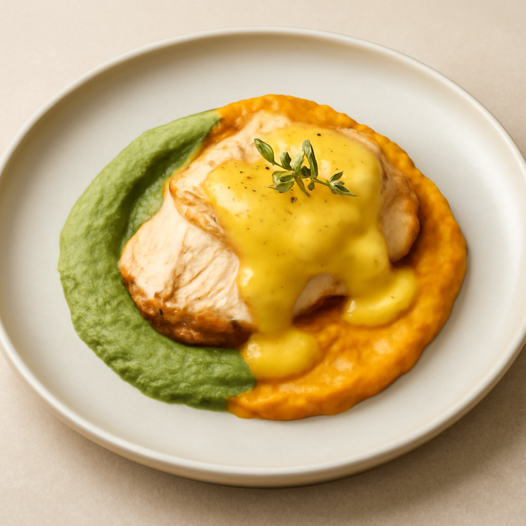 Petto di pollo in salsa olandese su base di crema di carote e di zucchine