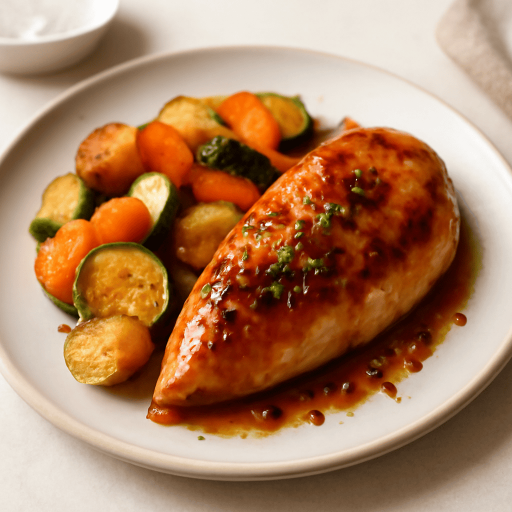 Petto di pollo laccato al caramello speziato con verdure saltate