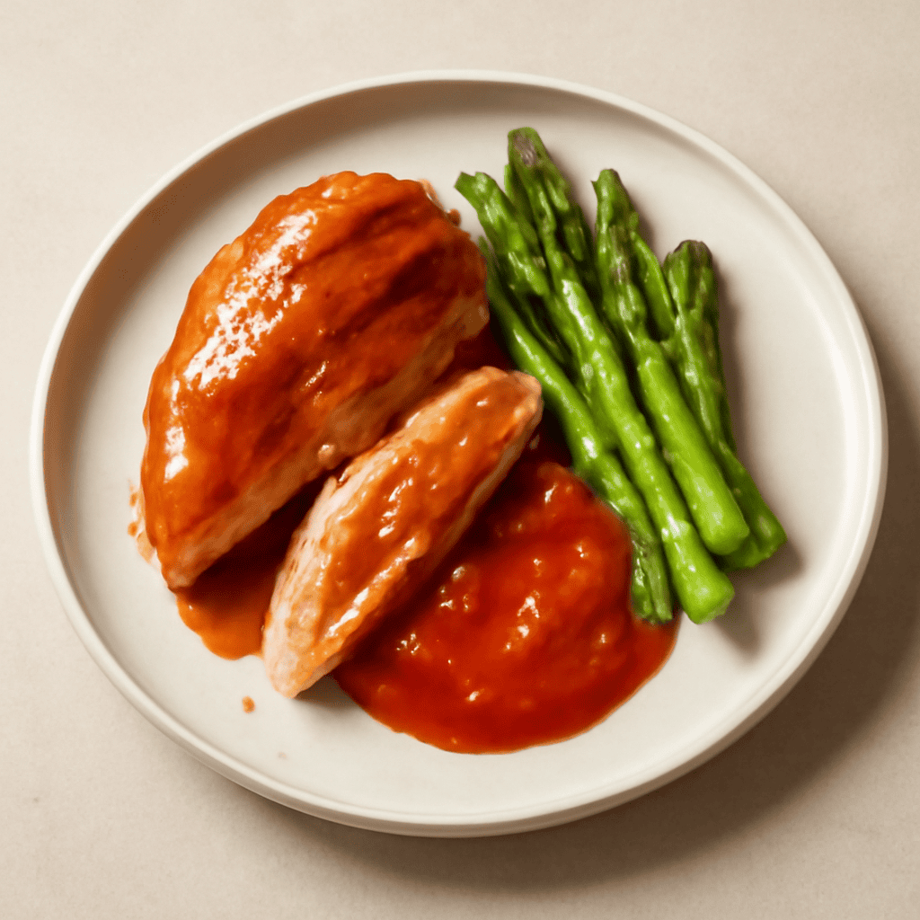 petto di pollo laccato al miele con asparagi e salsa al peperone
