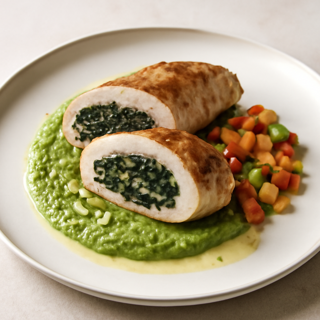 Petto di pollo ripieno con spinaci e pinoli, crema di broccoletti e brunoise di verdure