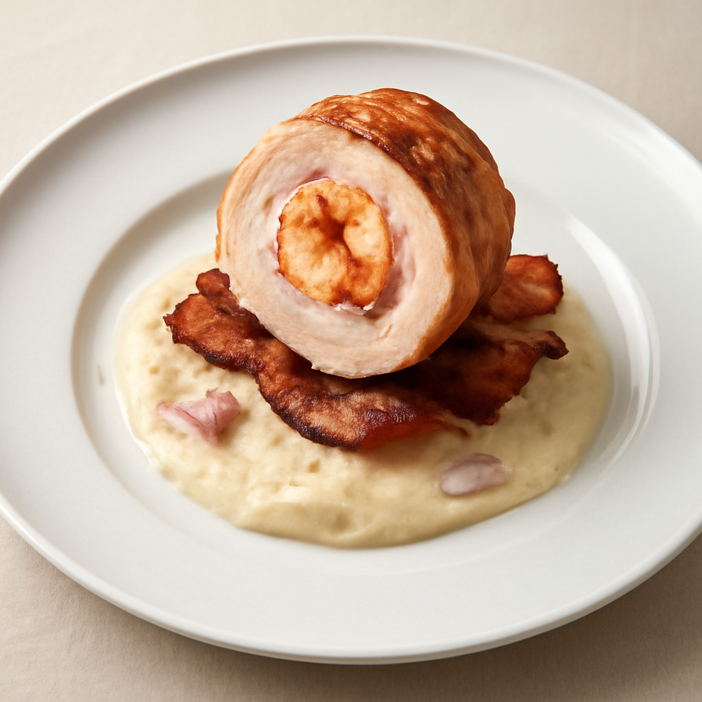 Petto di pollo ripieno di gamberetti su guanciale croccante e crema di scalogno