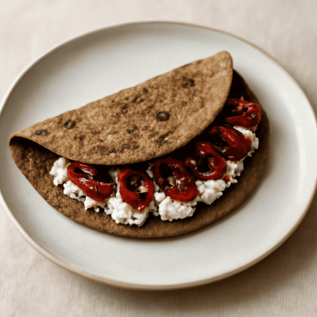 Piadina di grano arso con formaggio caprino e pomodori secchi