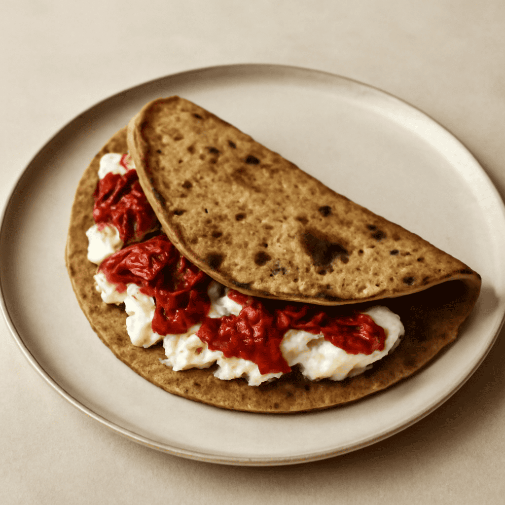 Piadina di grano arso con formaggio caprino e pomodori secchi