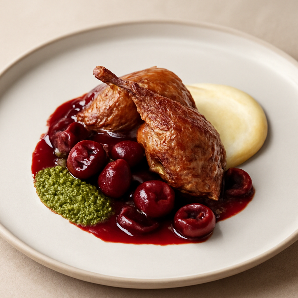 piccione ciliegie e pesto di pistacchi