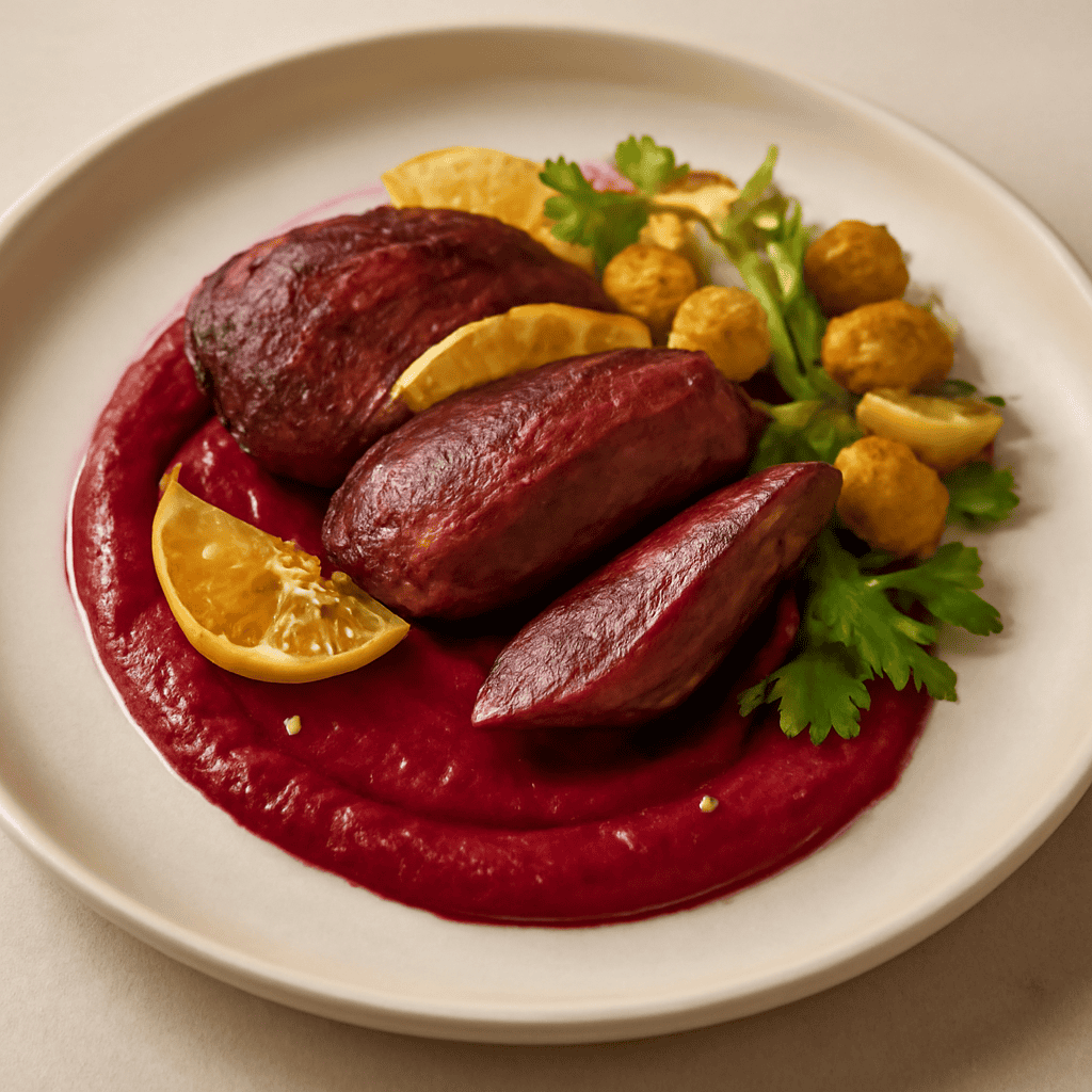 Piccione con agrumi rape rosse e pan di pezie