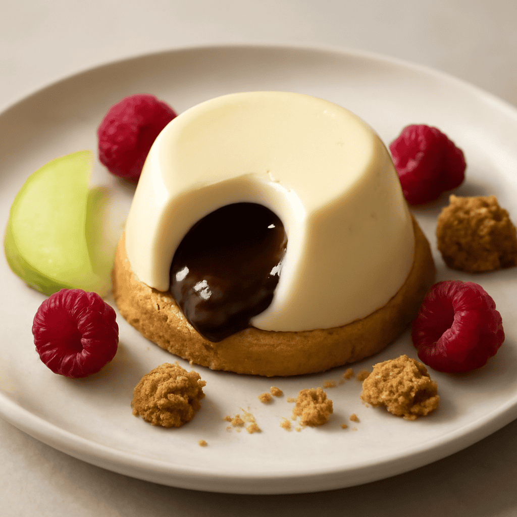 PIEMONTE AL CUCCHIAIO: PANNA COTTA CON CUORE DI BONET SU PASTA DI MELIGA