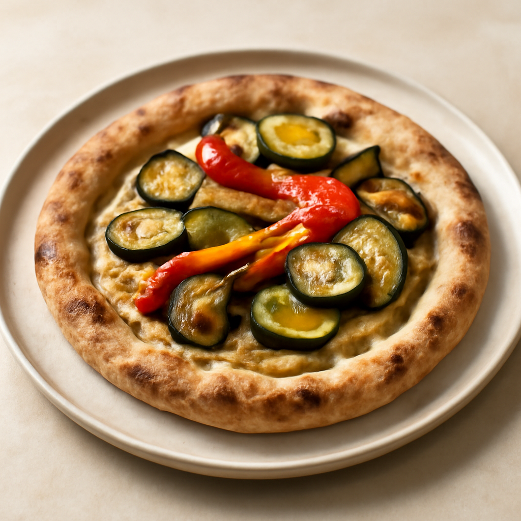 Pizza al farro con crema di melanzane e verdure al vapore