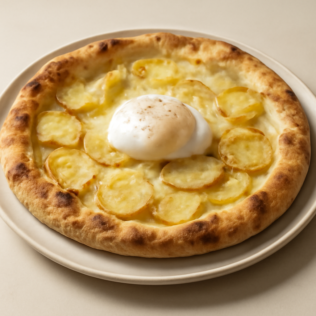 Pizza con provola patate e uovo in camicia