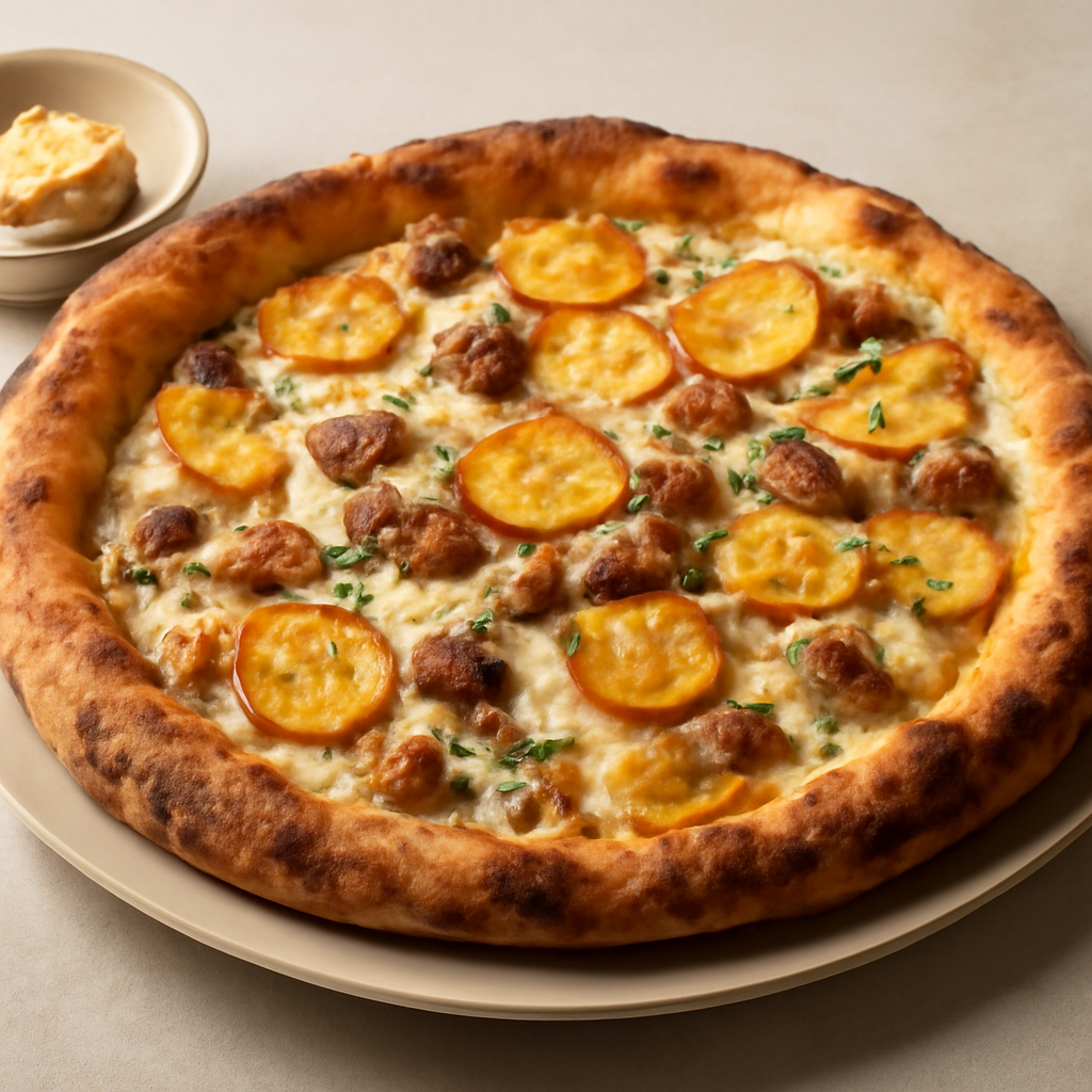 Pizza con salsiccia , crema di gorgonzola e patate croccanti