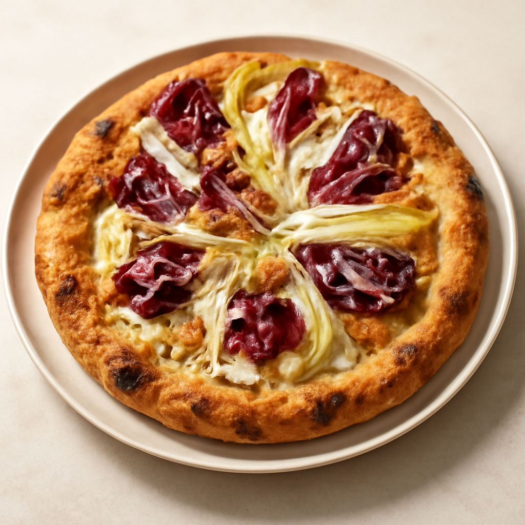 Pizza di farina di grano duro con ricotta, indivia, radicchio e noci