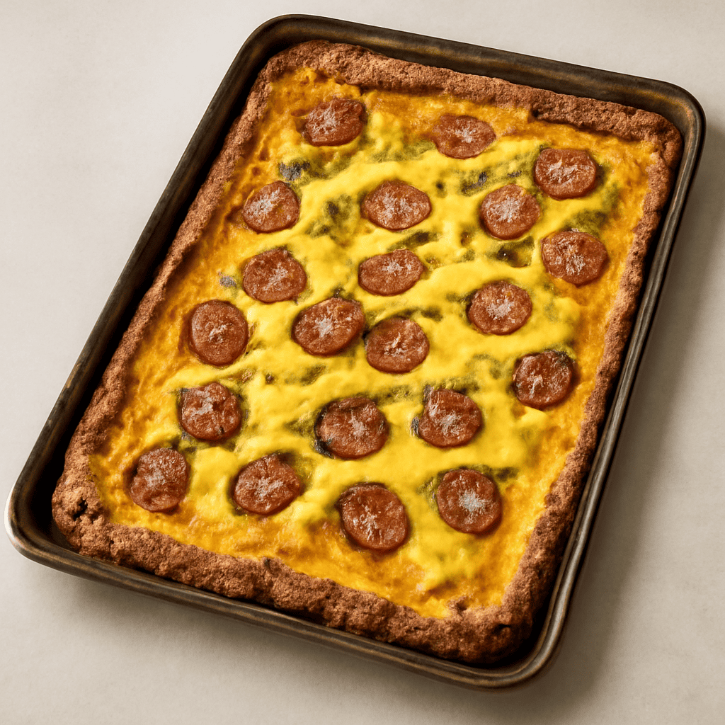 Pizza in teglia di grano arso con salsiccia di Norcia e salsa alla curcuma