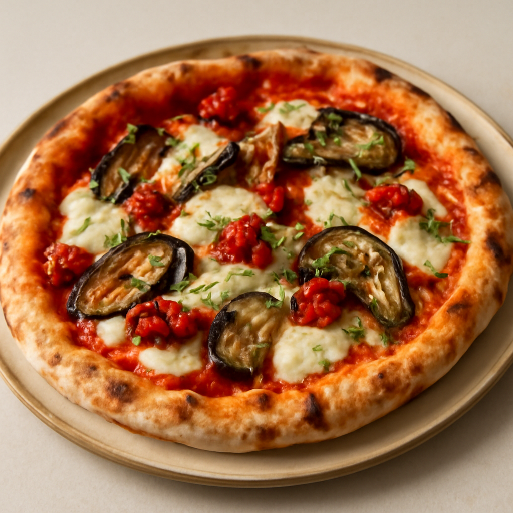 Pizza Rossa con Melanzane,Gorgonzola e Pomodori Confit
