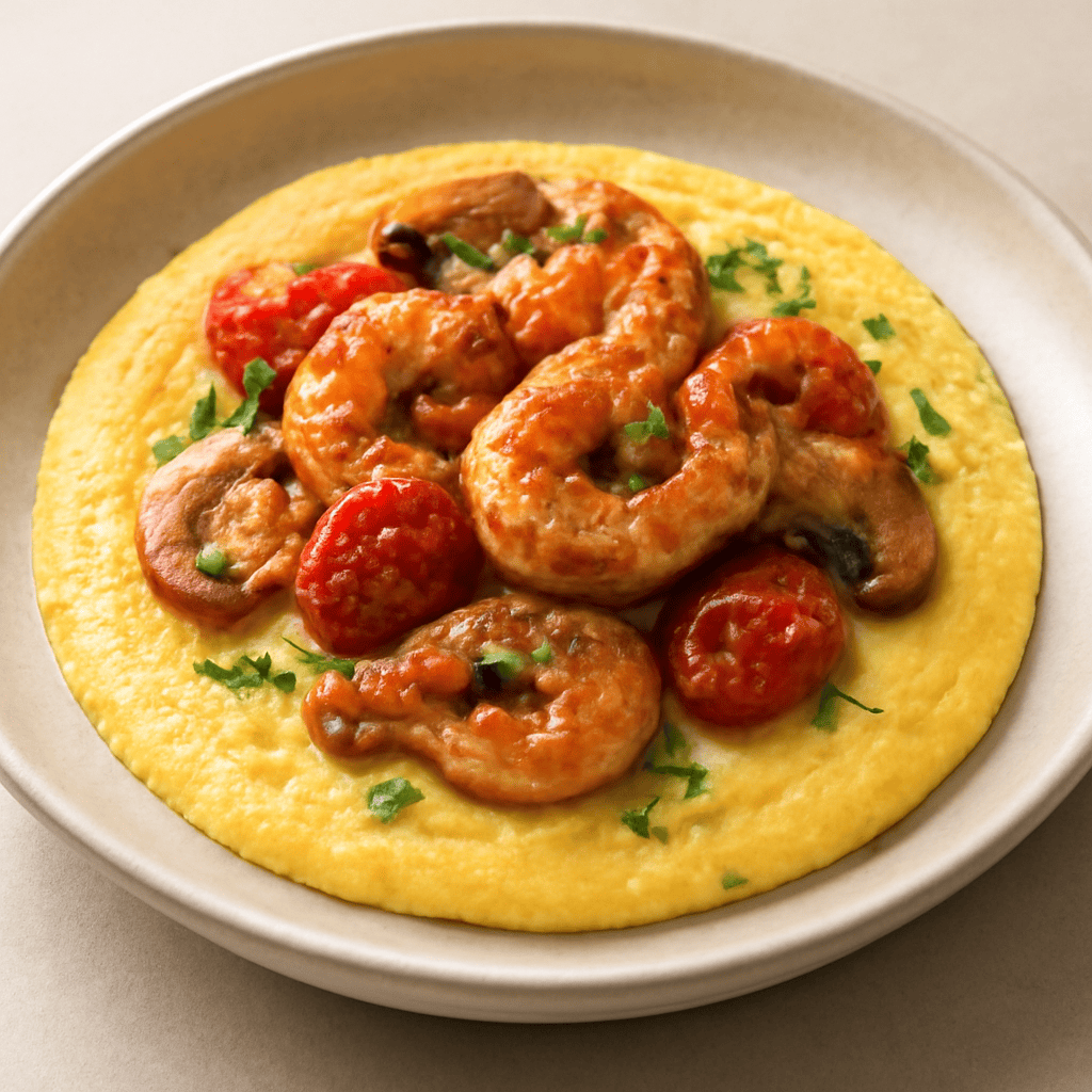 Polenta al profumo di bosco con Gamberi speziati