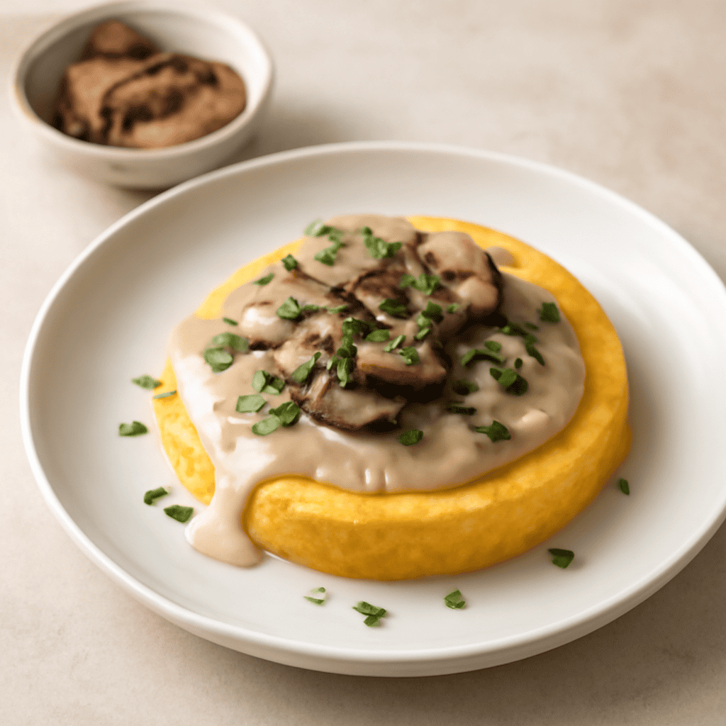 Polenta con fonduta di formaggio e crema di champignon