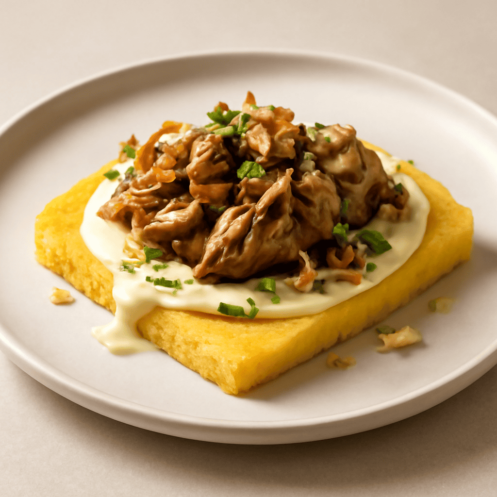 POLENTA CROCCANTE CON CONIGLIO SU FONDUTA DI CACIOTTA E NOCI