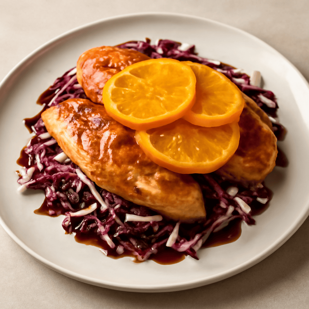 Pollo all’arancia con salsa Cointreau su julienne di radicchio in glassa di aceto balsamico
