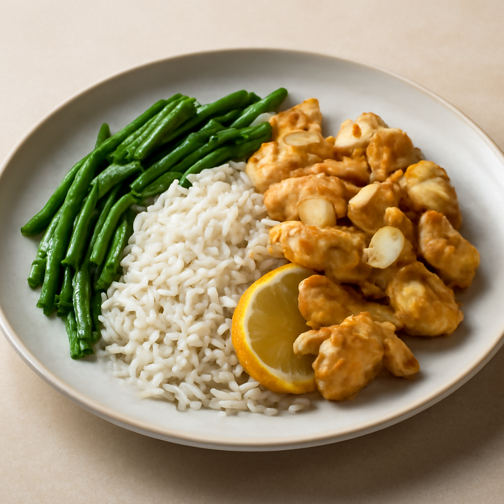 Pollo alle mandorle e riso Basmati con fagiolini croccanti