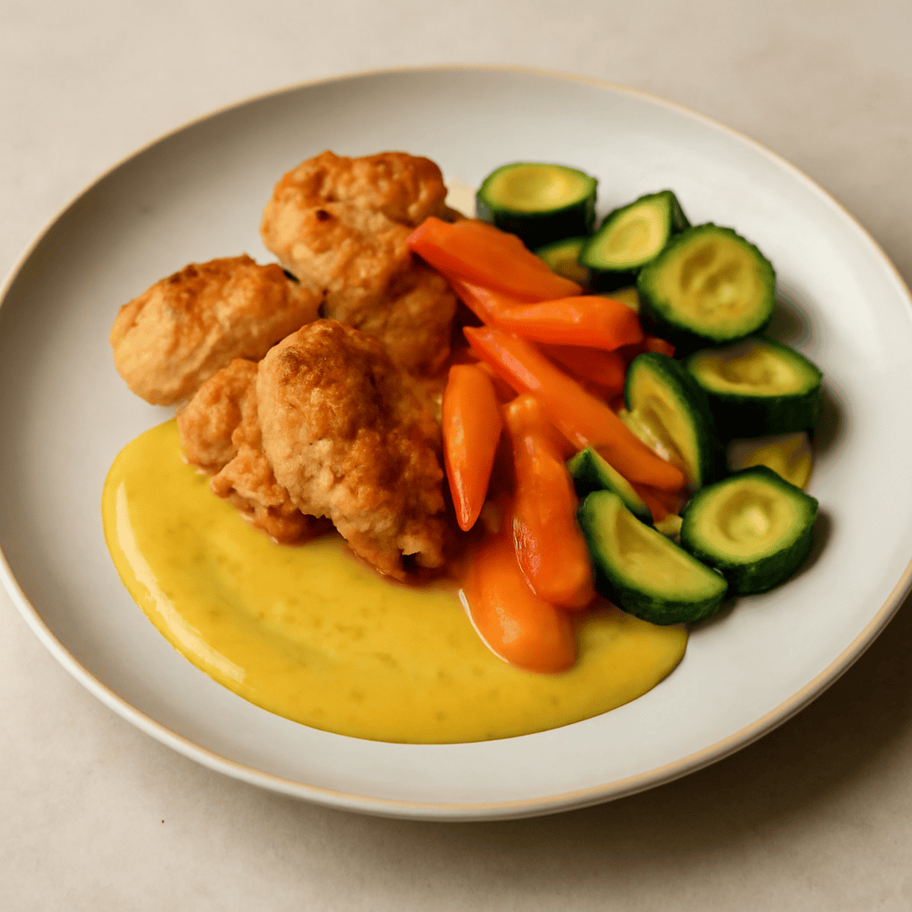 Pollo con carote in agrodolce, zucchine saltate, su maionese al curry