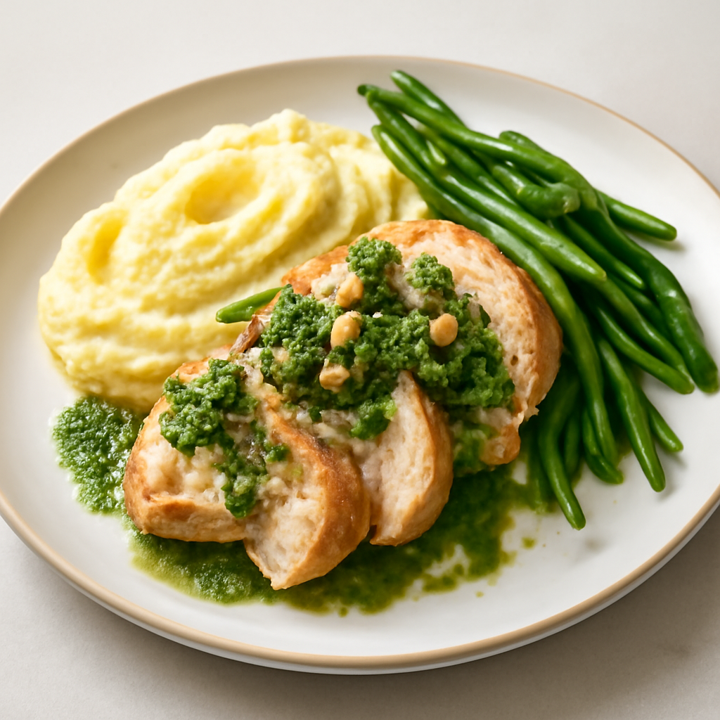 pollo con salsa alla menta e mandorle e purea di patate