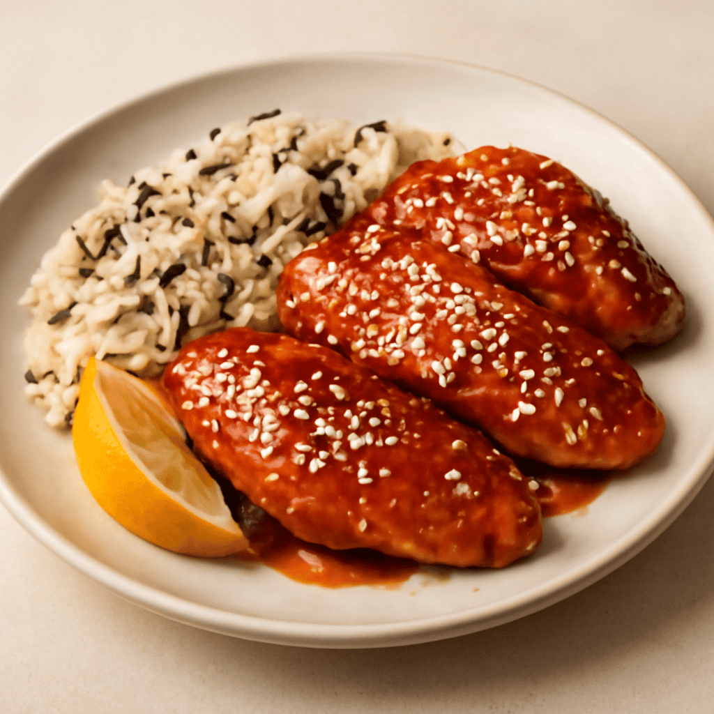 Pollo glassato con semi di sesamo e riso selvatico