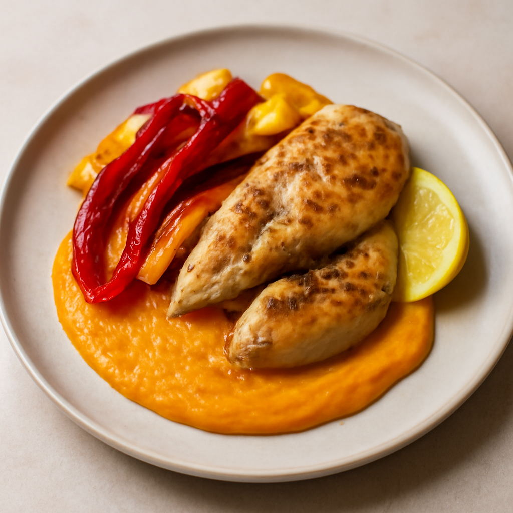 Pollo marinato con peperone e crema di carote e patate