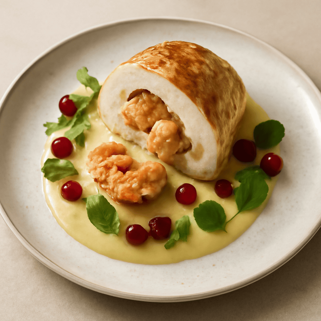 Pollo ripieno con gamberi, sale Maldon, crema di mela e cipolla rossa, ribes e foglie di valeriana