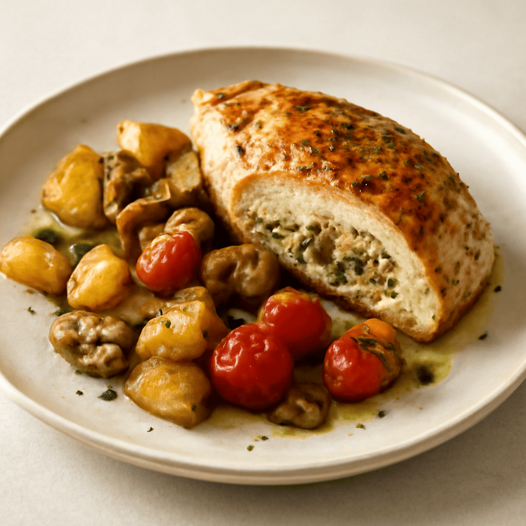 POLLO RIPIENO CON PATATE, FUNGHI E POMODORINI