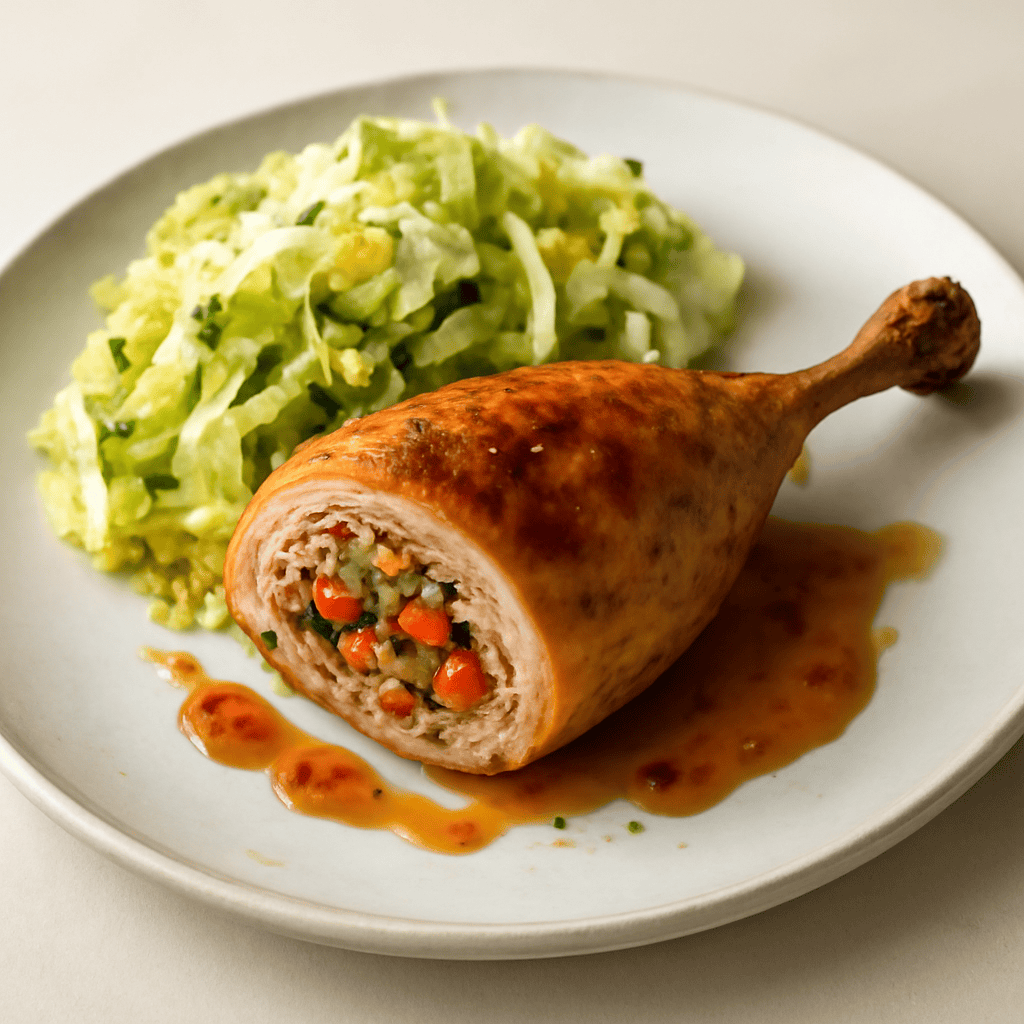 Pollo ripieno con salsa al miele e peperoncino e insalata di verza croccante