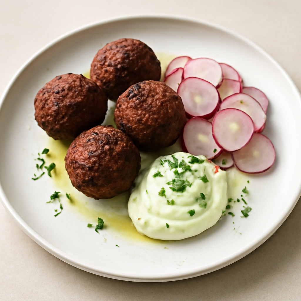 Polpette di coda di bue con ravanelli e maionese al basilico