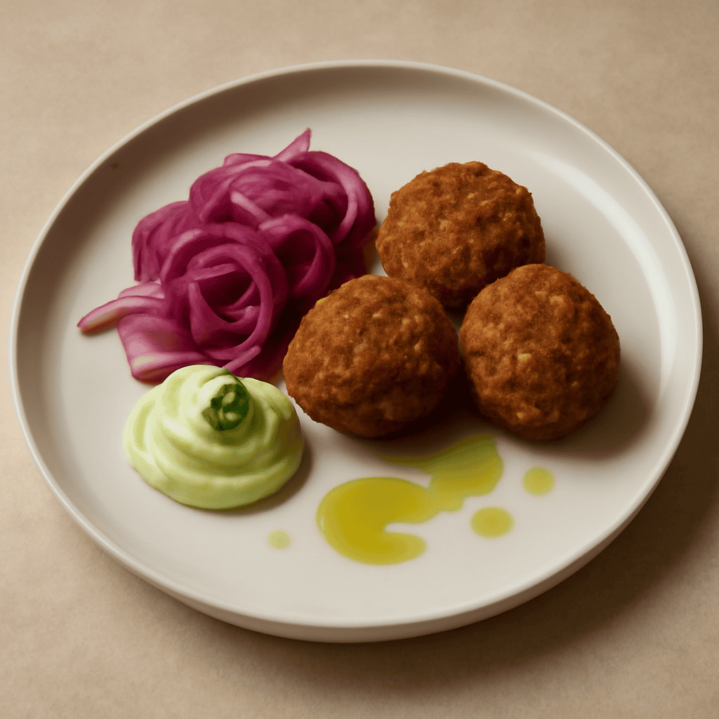 Polpette di melanzana, cipolla rossa di Cannara in agrodolce e maionese al basilico.