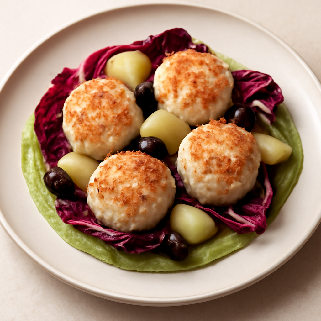 Polpette di merluzzo, patate ed olive su letto di radicchio e crema di piselli