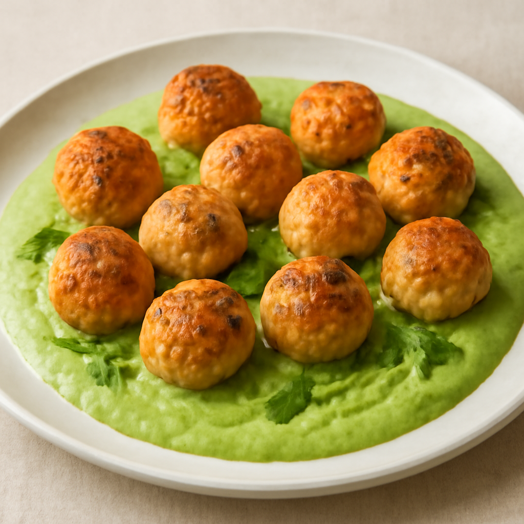Polpette di salmone su crema di asparagi e menta, con aria di limone