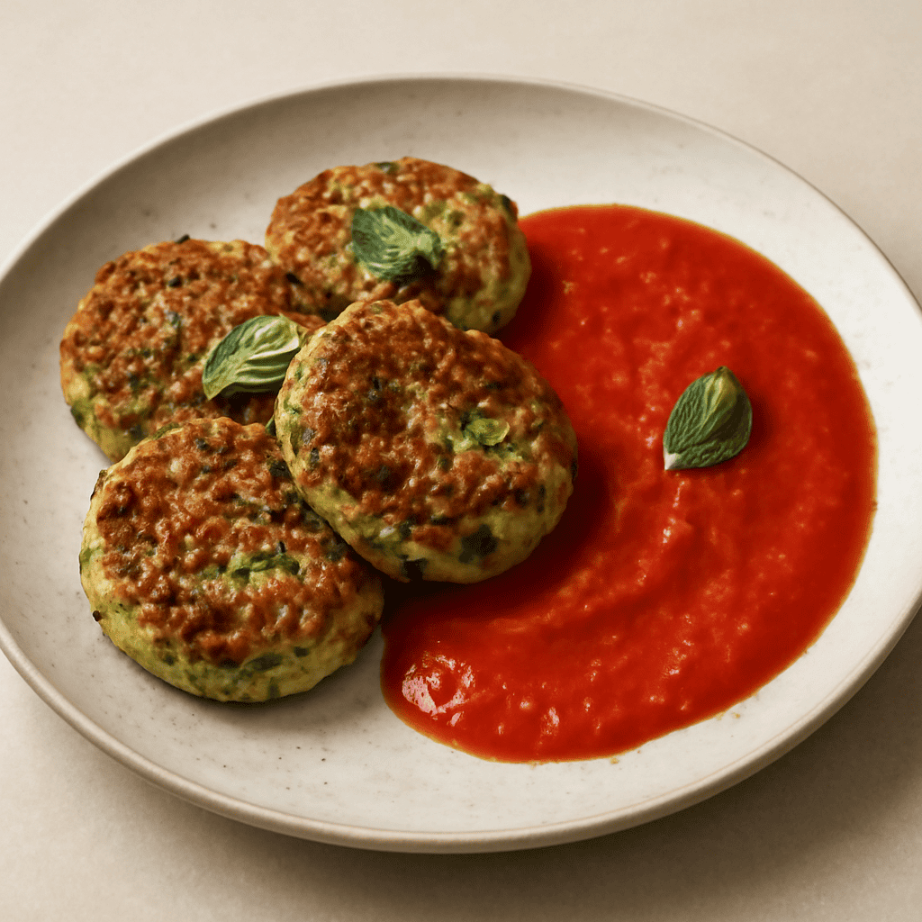 Polpette zucchine feta con salsa al peperone rosso