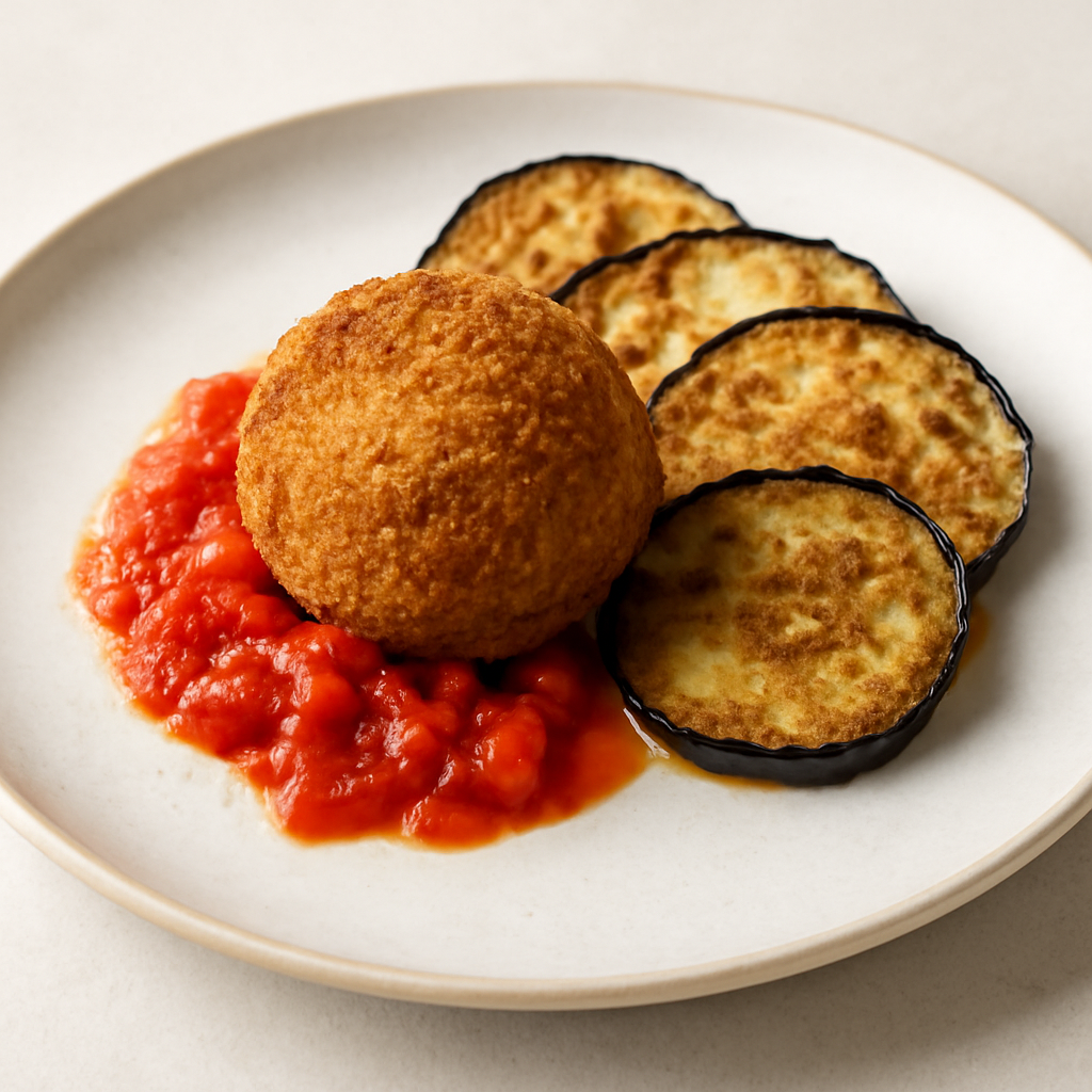 Polpettina di melanzana, concesse di pomodoro e melanzana fritta