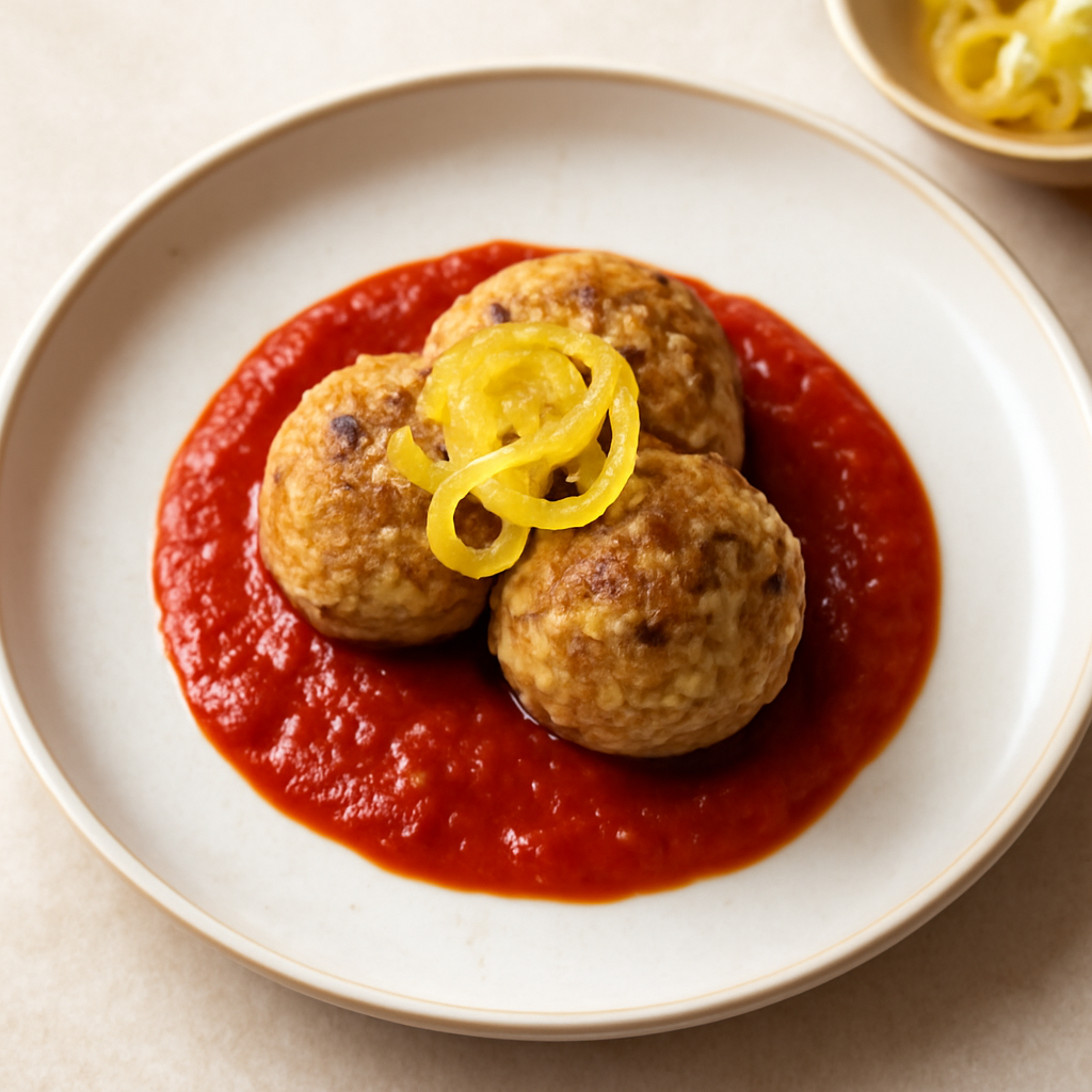 Polpettina di melanzana e ricotta con limone candi su concessè di pomodoro