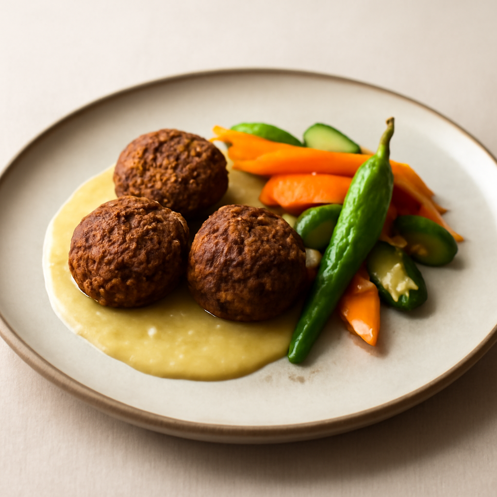 Polpettine di lenticchie,con salsa di mele e ginger accompagnate da verdure piccanti