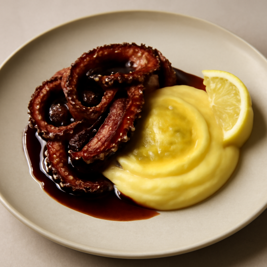 Polpo glassato in salsa tare con crema di patate al limone