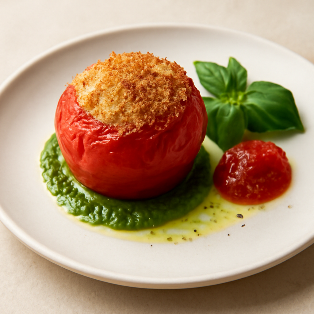 pomodoro ripieno con salsa al basilico e crosta di parmigiano