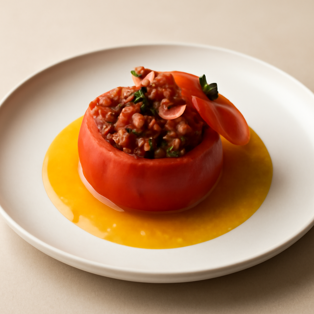 Pomodoro ripieno di polpo su salsa di arancia