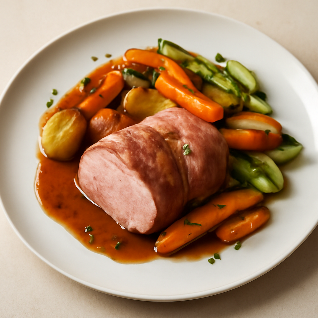 Prosciutto di maiale con verdure glassate