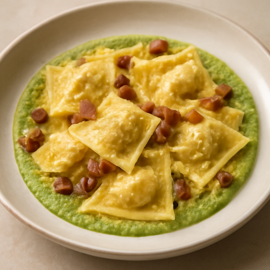 Ravioletti e maltagliati su crema di piselli