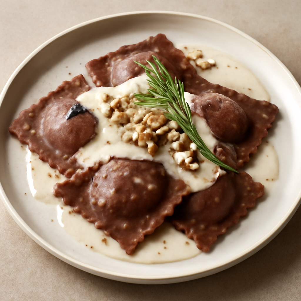 Ravioli al caffè, ripieni di ragù bianco e noci e besciamella ai formaggi: