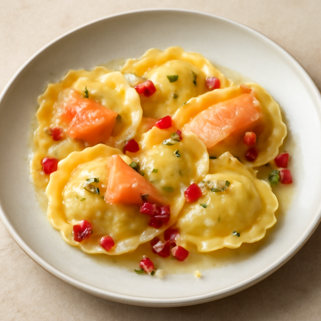 Ravioli al salmone e melograno