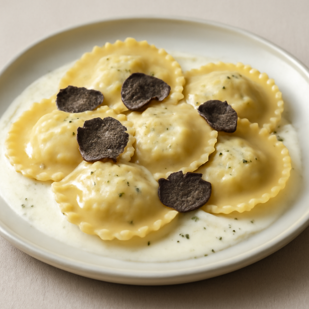 ravioli al tartufo ripieni di ricotta fontina e panna.