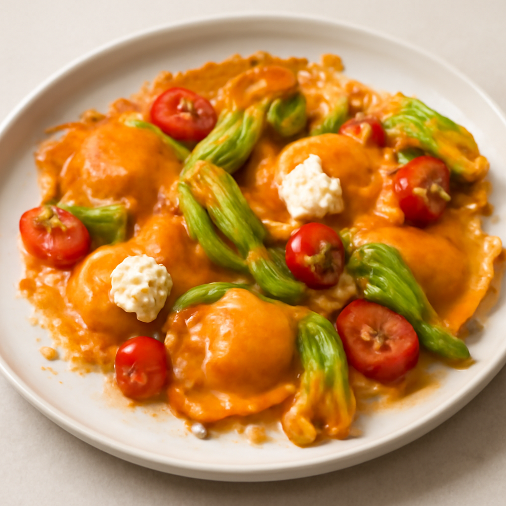 Ravioli alla paprika con fiori di zucca, pomodori e stracchino